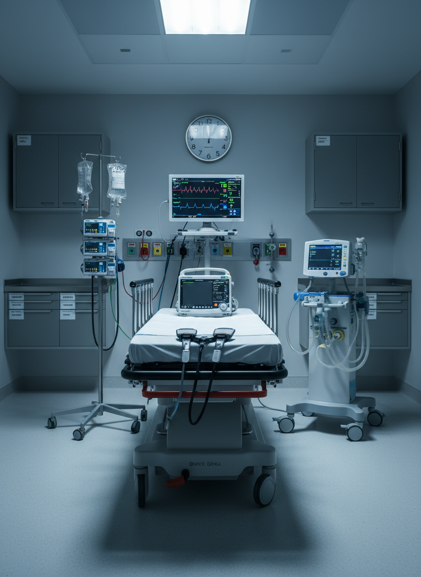 A modern emergency department resuscitation bay centered on a neatly organized critical care stretcher, surrounded by clean, well-maintained equipment. A high-acuity monitor displays clear, colorful vital sign waveforms, while an infusion pump stack and ventilator stand nearby with glowing indicator lights. The environment is spotless, with stainless steel surfaces, labeled drawers, and a wall-mounted clock in the background. Cool, bright overhead clinical lighting creates crisp reflections on metal surfaces and gentle shadows under the bed. Shot at eye level with photographic realism, the composition follows the rule of thirds, drawing the eye to the stretcher and monitor. The mood is professional, calm, and ready, emphasizing preparedness without any human presence or graphic detail.