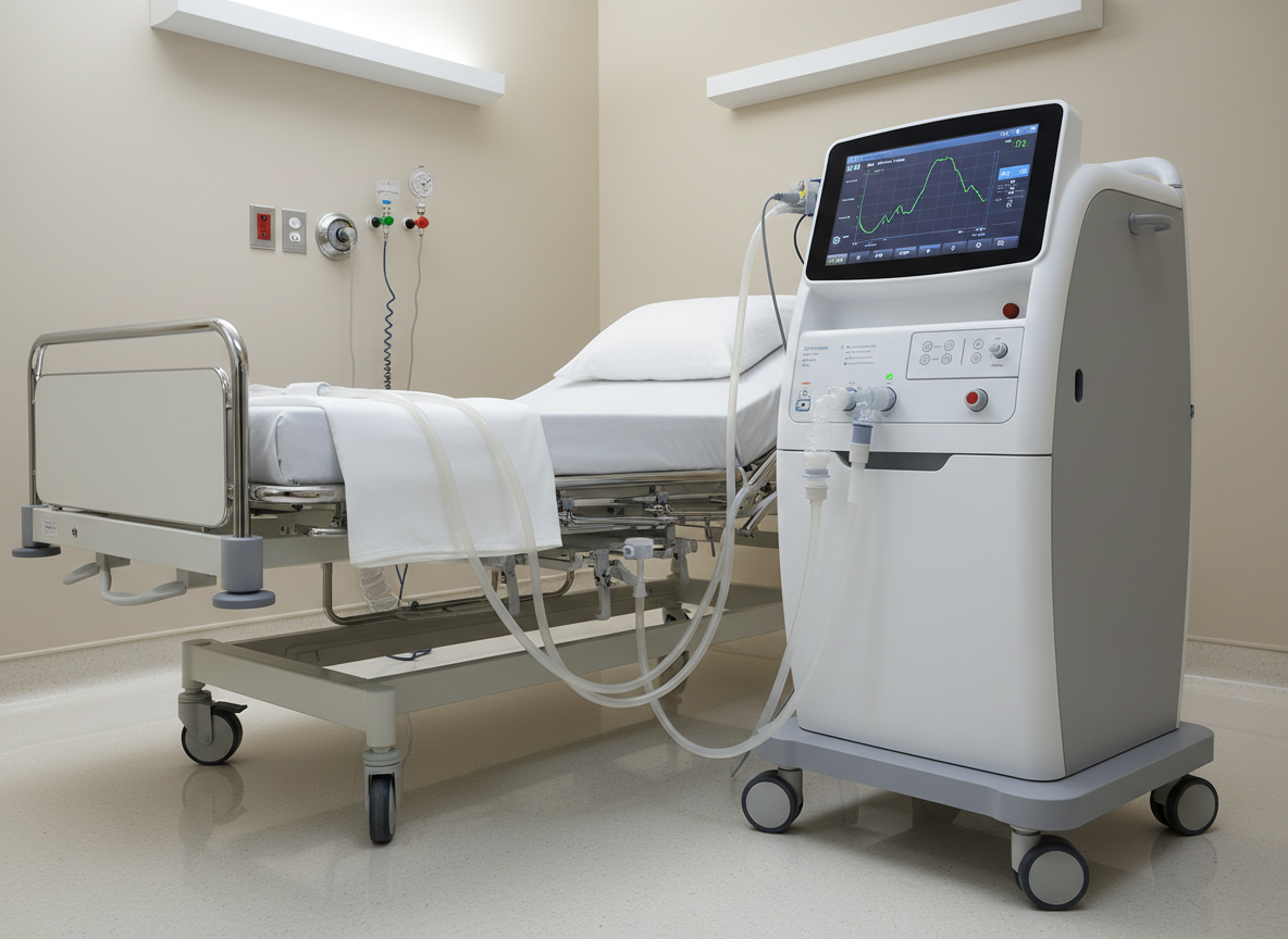 A sophisticated mechanical ventilator standing beside an empty critical care bed, its color touchscreen displaying a detailed pressure-volume loop and tidal volume trends against a dark background. The ventilator’s smooth white and gray casing, flexible breathing circuit, and neatly folded disposable tubing rest on a glossy floor that reflects faint highlights. Behind it, a wall-mounted oxygen outlet, suction port, and labeled flow meters line a light-colored wall. Bright, neutral overhead lighting casts soft, uniform shadows, creating a clean, clinical mood. Photographic realism from a three-quarter, slightly elevated angle emphasizes both the machine and its interface, conveying precision respiratory support in an organized, high-acuity setting without showing any patients or staff.