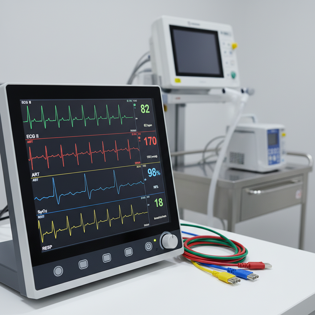 A close-up, photographic view of a high-resolution multiparameter ICU monitor, its dark screen glowing with sharp, color-coded waveforms for ECG, blood pressure, oxygen saturation, and respiratory rate. The plastic bezel is matte black with subtle texture, resting on a clean, white counter beside neatly coiled monitoring cables and color-labeled connectors. The background shows a softly blurred ventilator and medication pump on a mobile cart. Cool, even hospital lighting illuminates the scene, creating minimal glare and clear readability. Captured from a slightly angled side perspective with shallow depth of field, the composition feels focused and analytical, supporting evidence-based acute care decision-making in a professional, uncluttered environment.